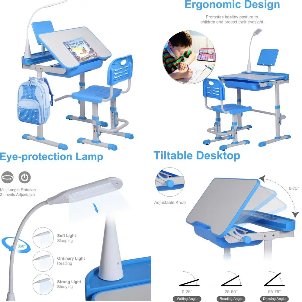 

Adjustable Height Kids Desk & Chair Set with Tilting Table, LED Light, Storage Drawer