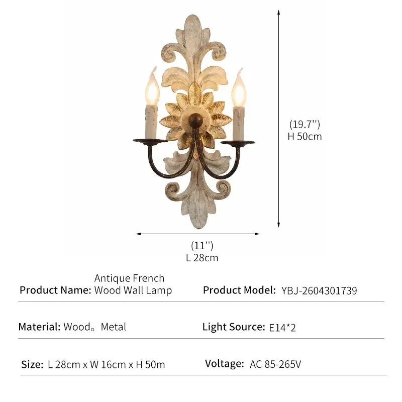 for Antique French Wood Wall Lamp Metal Retro Candle Sconce Foyer Bedroom Designer Wholesale Project Custom Item