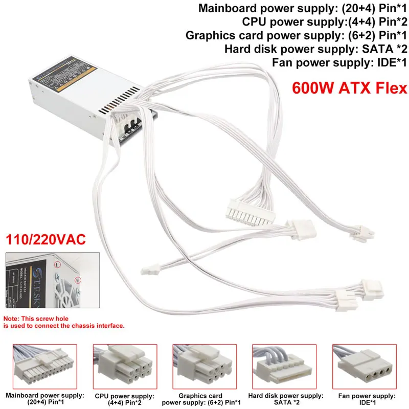 T.F.SKYWINDINL 600W Full Modular 1U Flex ATX PSU PC Power Supply 110-264V ENP-7660B For K39 A4 S3 G5 ITX Mini Case Game Desktop