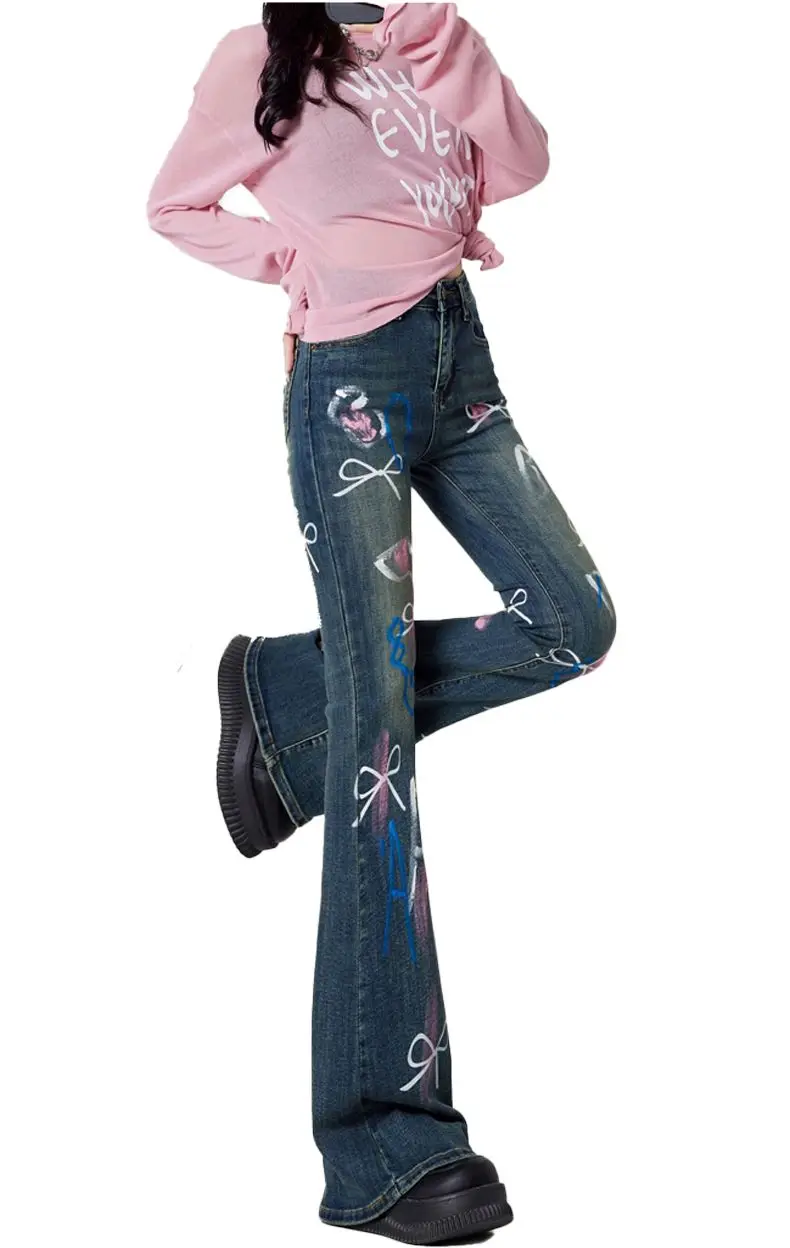 Vintage Bow Graffiti Pattern Flare Pants Women High Waist Skinny American Retro High Street Denim Pants Straight Trousers