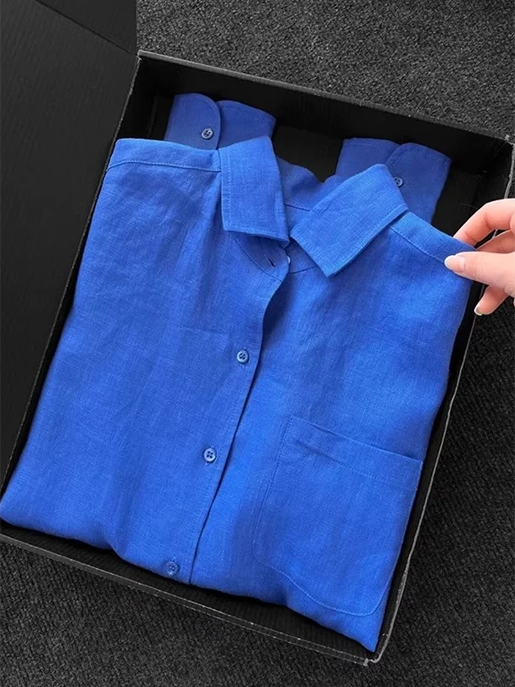 

Klein Blue Linen like Shirt Men's Summer Thin Breathable Sun Protection Casual Couple's Outerwear Lazy Style Loose Fit Long S...