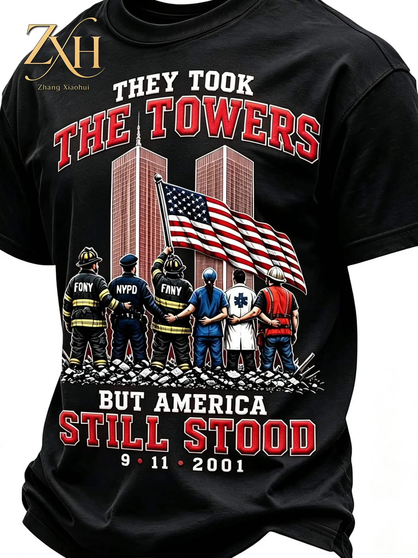 911 Never Forgets 25th Anniversary Commemorative T-Shirt We Will Never Forget 911 Theme T-Shirt Patriot Day Men's Clothing They Destroyed the Twin Towers but America Still Stands Strong September 11th Crew Neck Shirt