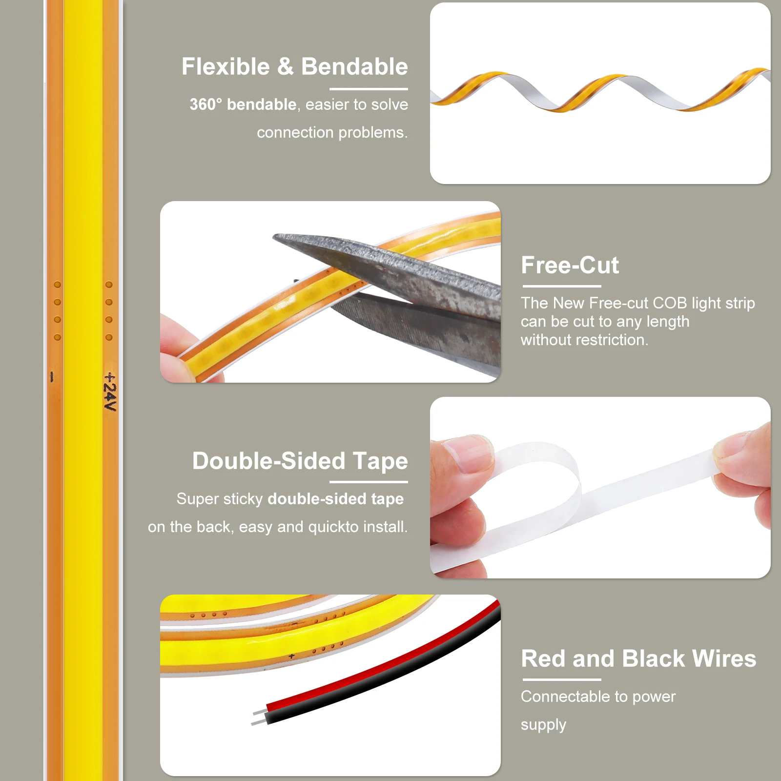 Lampu Strip LED COB PCB 5mm 8mm Dapat Dipotong 12V 24V Dengan Kabel 2PIN Colokan DC 400LED/m 3000k 4000k 6000k Lampu Fleksibel 0.5m 1m 5m 10m 20m