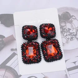 2024 New ZA Red Blue Green White Crystal Rhinestone Square Shape Statement Large Earrings Women Indian Retro Earrings Jewelry