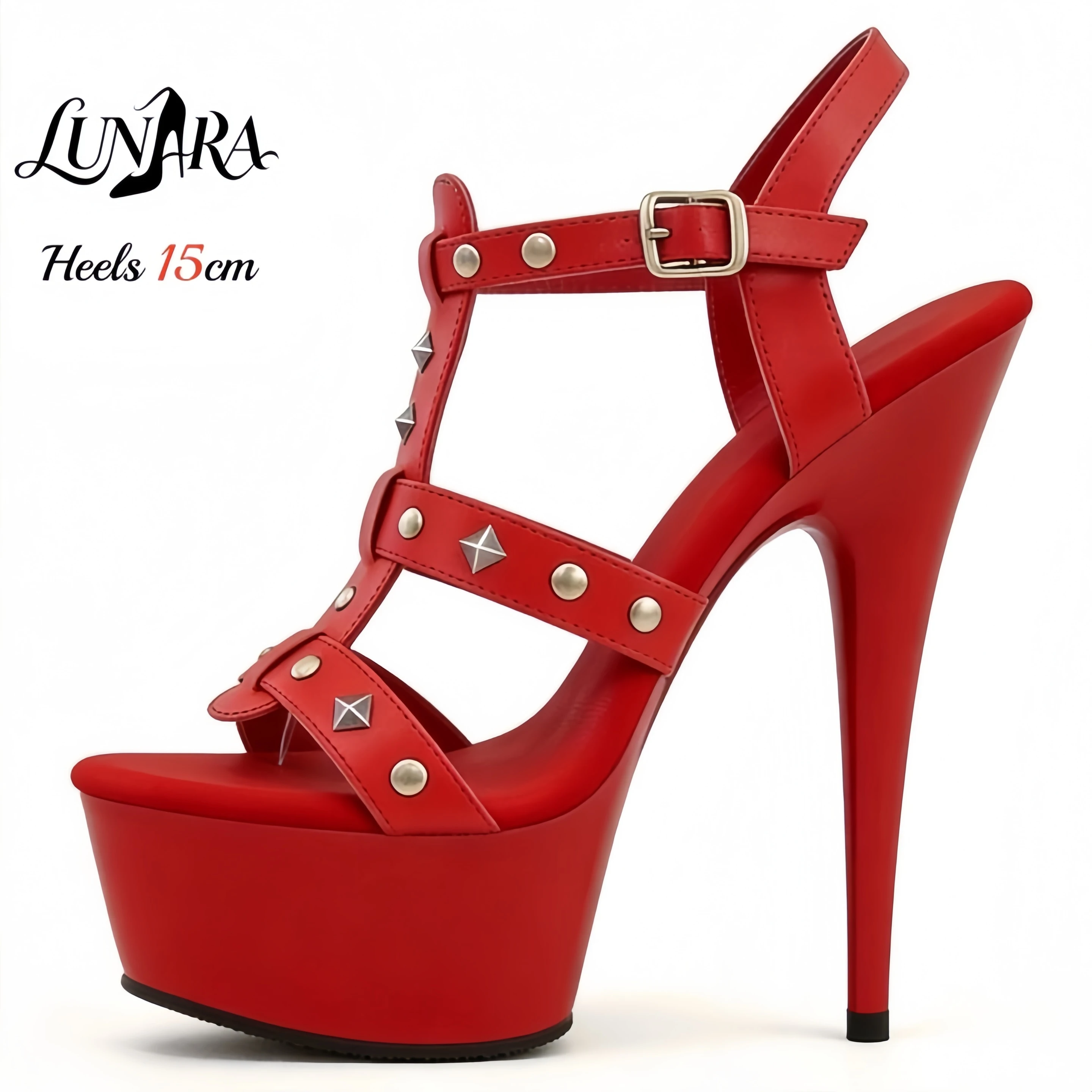 15cm/6 Zoll Rote Stiletto-Plateau-Sandalen mit Nietenriemen, offener Zehenpartie, Knöchelriemen, rutschfest, sexy, Punk, für Nachtclub, Party, Bühne, Damen, Rave