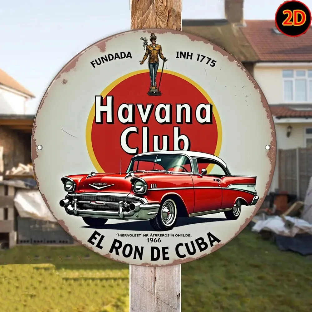 لافتة فنية جدارية معدنية مسطحة ثنائية الأبعاد من نادي هافانا الكوبي الكوبي - ديكور دائري من الألومنيوم بتصميم قديم مع تصميم أحمر وأصفر، 20 × 20 سم/7.8 #6