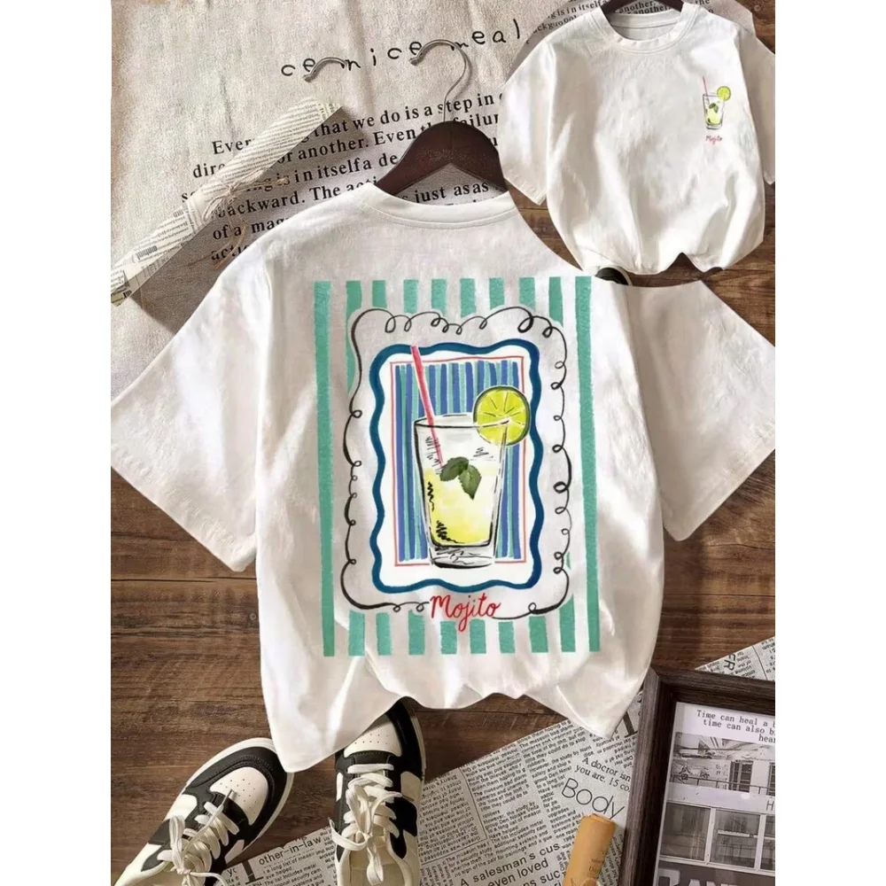 Mojito Print T-shirt Colorful Cocktail Graphic Short Sleeve Round Neck Casual Tops Women Daily Streetwear Women's T-shirt