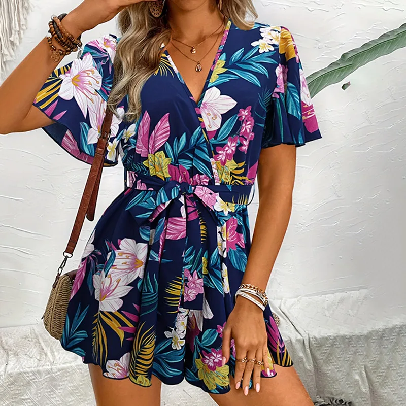 Bohemian Floral Print Short Pants Like Dress Holiday One Pieces  Cover Up Women Summer Fashion Beach Wear Casual Outfits 2024