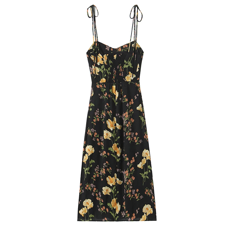 YENKYE French Style Vintage Floral Print Sling Dress Women Sexy Front Slit High Waist A-line Midi Summer Dresses Holiday Robe