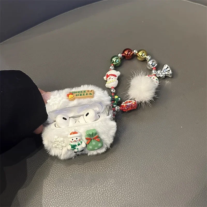 Cute Plush Snowman Protective Case for Airpods1/2/3/pro Wireless Bluetooth Headphone Case with Bracelet Silicone Fashion Jewelry