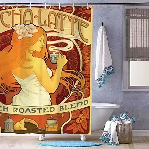 French Coffee Poster Funny Shower Curtain Waterproof Mould Proof Resistant for Bathroom