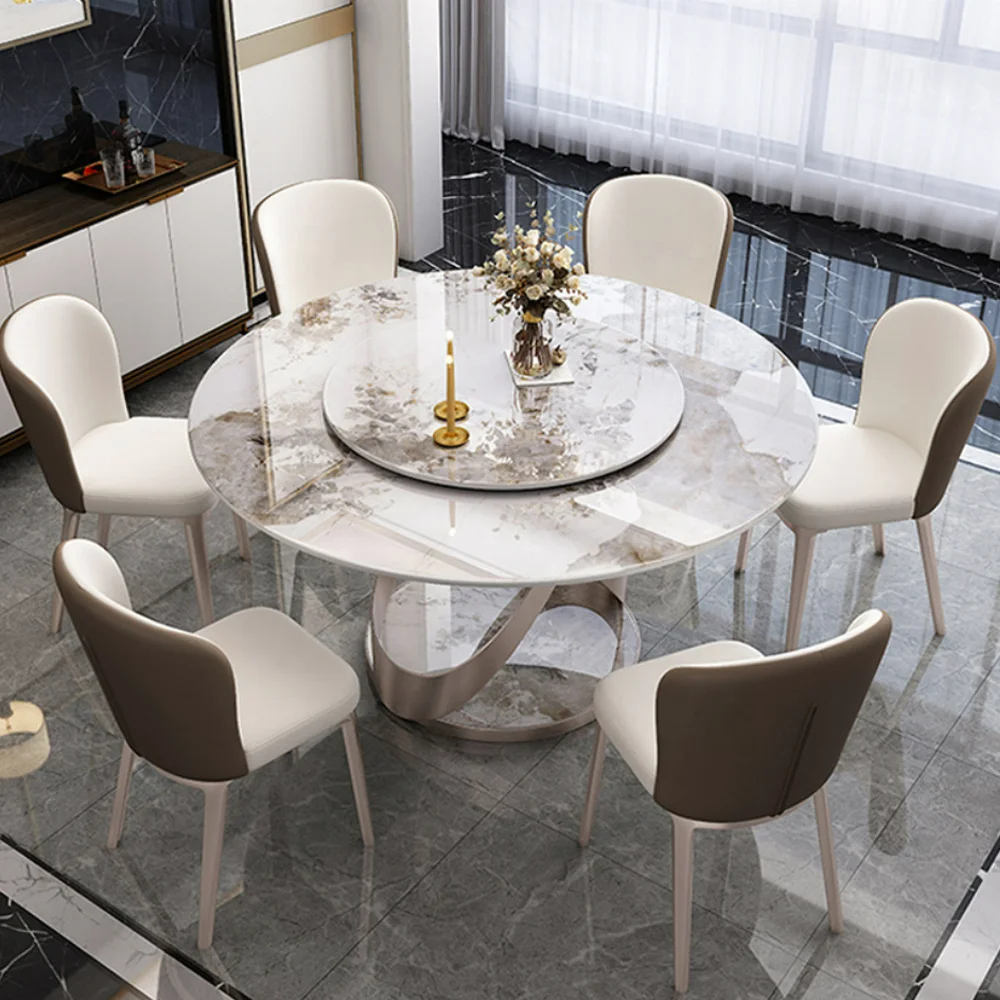 Juego de mesa de comedor redonda de pizarra blanca con 6 sillas, mesa de comedor personalizable para restaurante familiar en diferentes tamaños