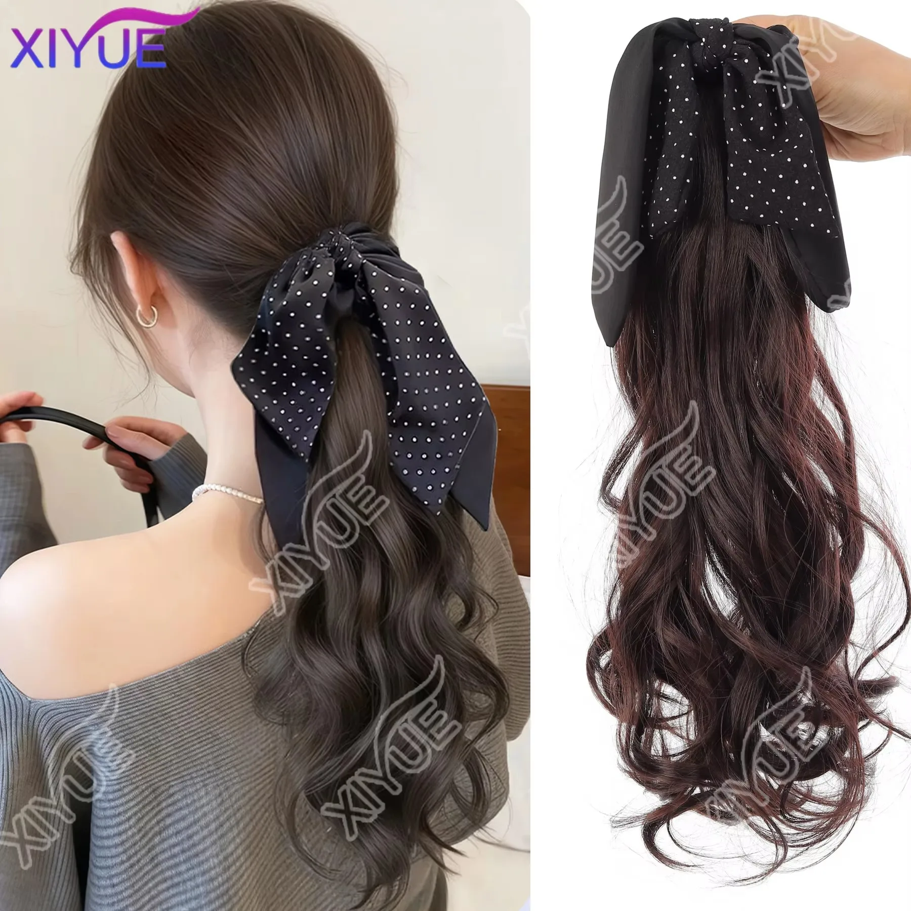 synthetic Korean Polka Dot Butterfly Knot Hair Accessory Claw Clip Long Curl Synthetic Tail Wig Suitable for Ladies Daily Use XY
