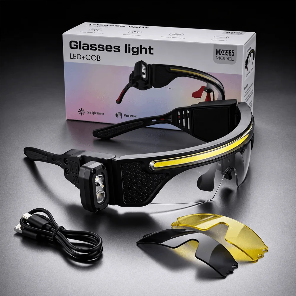 New Plastic LED Safety Glasses Waterproof Polycarbonate Lens Headlamp Glasses Wave Sensor Rechargeable Lighted Safety Glasses