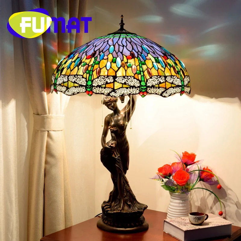 FUMAT Tiffany Table Lamp Stained Glass Vintage Style Villa Art Creative Decorative Table lamp Bedroom Learn Night Table lamp