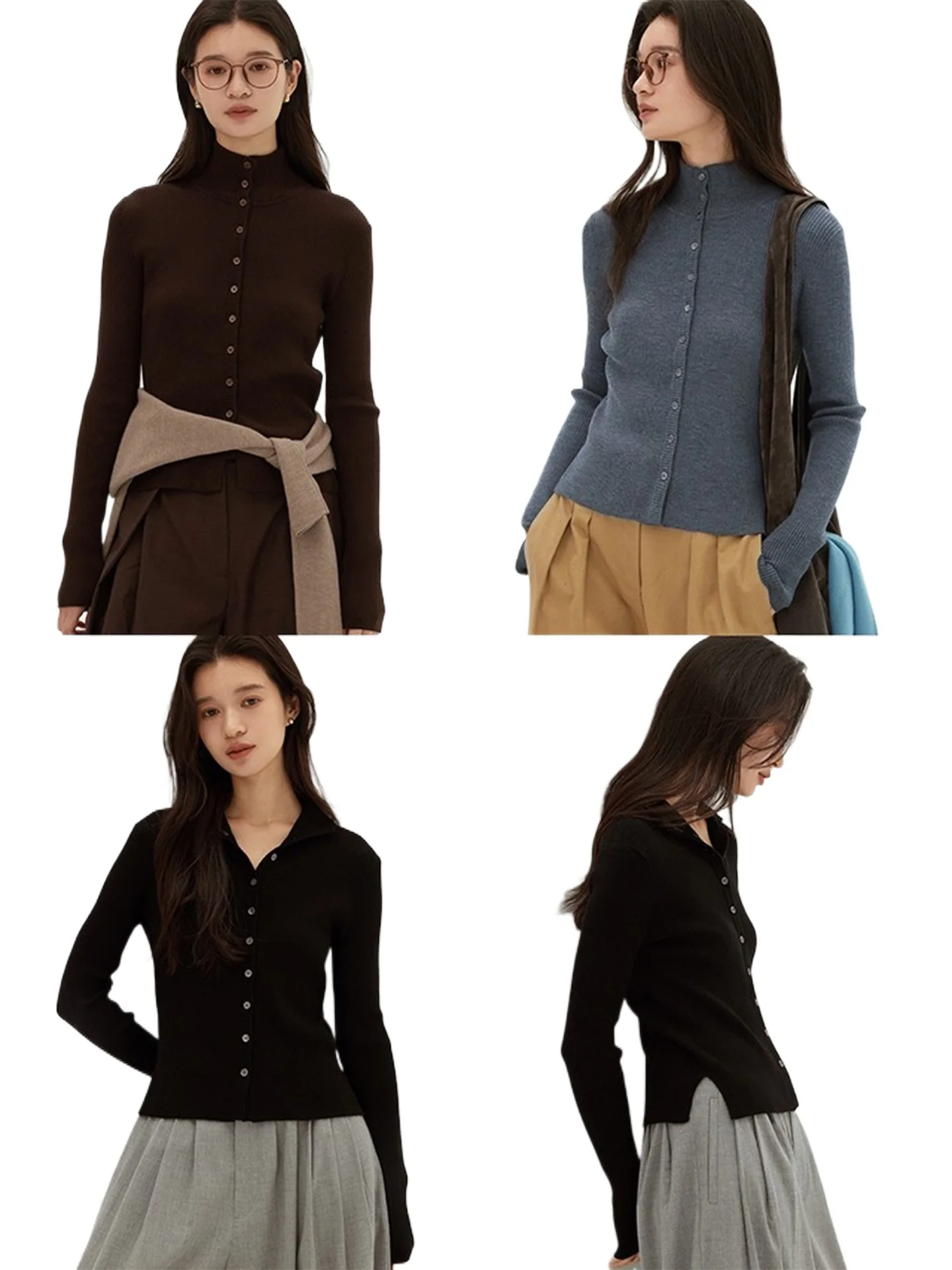 Super slimming shaping BY worsted wool 16-needle stand-up collar full button high-elasticity thickened cardigan top for women