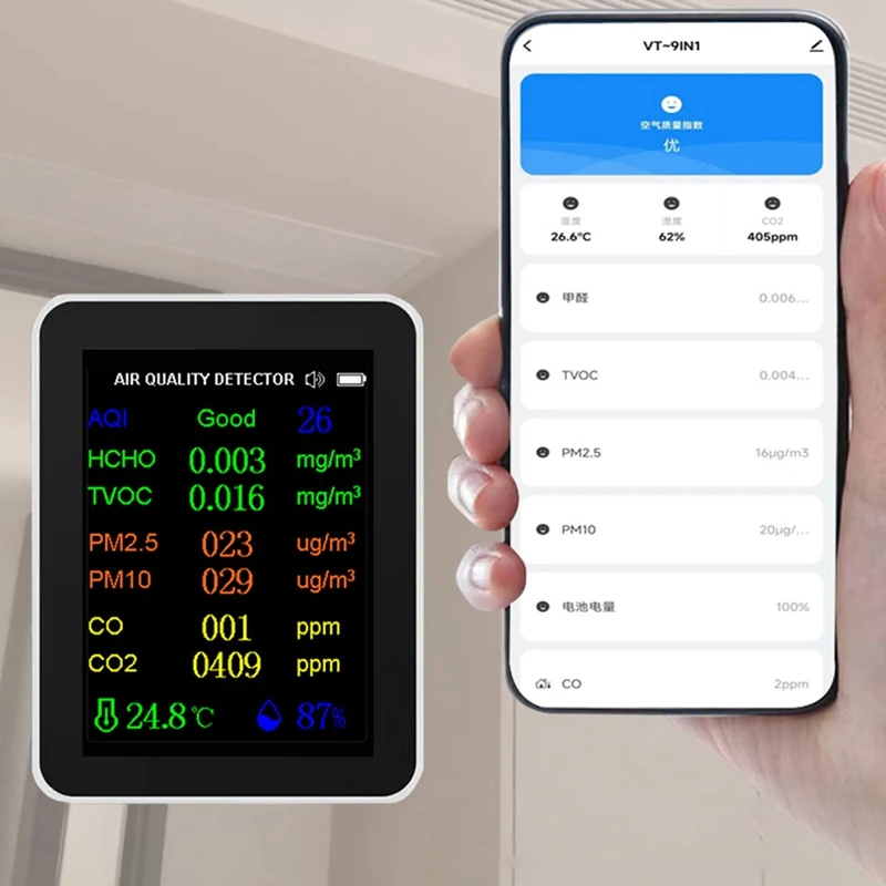 CO2 Monitor 12 In 1 With Time/ Date Display WIFI PM2.5 PM10 CO CO2 TVOC HCHO AQI Tester,Black