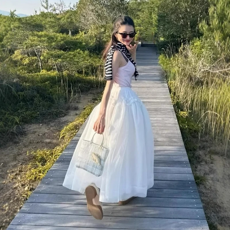 Japanese Sweet Black Long Bud Skirt 2025 Summer New Women's Elastic Waist Mesh Stitching 3D Jacquard Skirt Ladies Daily Skirt