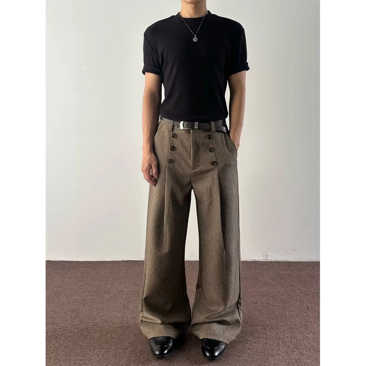 

American Vintage Men's Brown Solid Color Casual Trendy Double-breasted Loose Straight Wide Leg Suit Trousers Male Pants Clothes