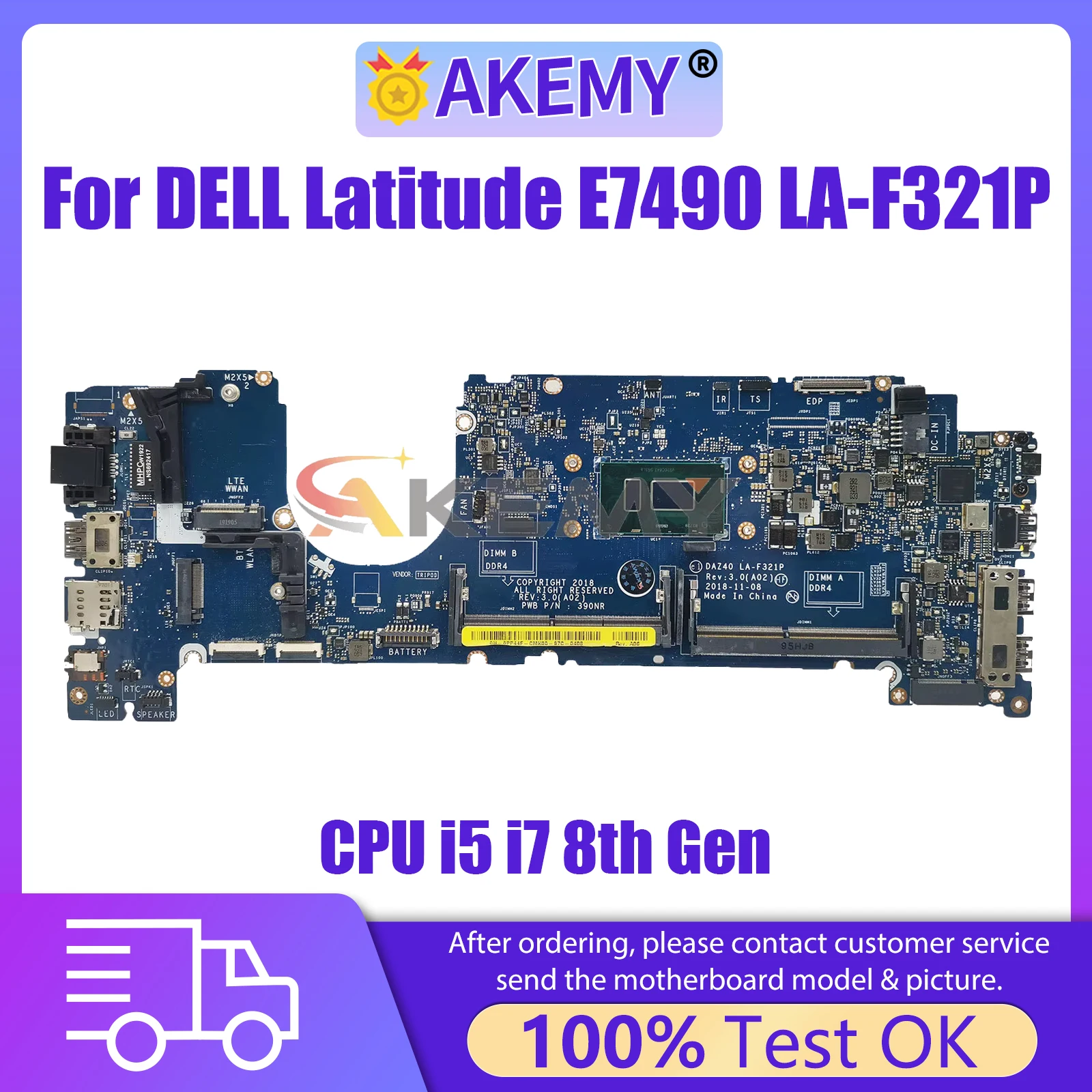 AKEMY LA-F321P Notebook Mainboard For Dell Latitude E7490 7490 0V05J5 03MK2N 0PP44F 02766V Laptop Motherboard CPU i5 i7 8th Gen