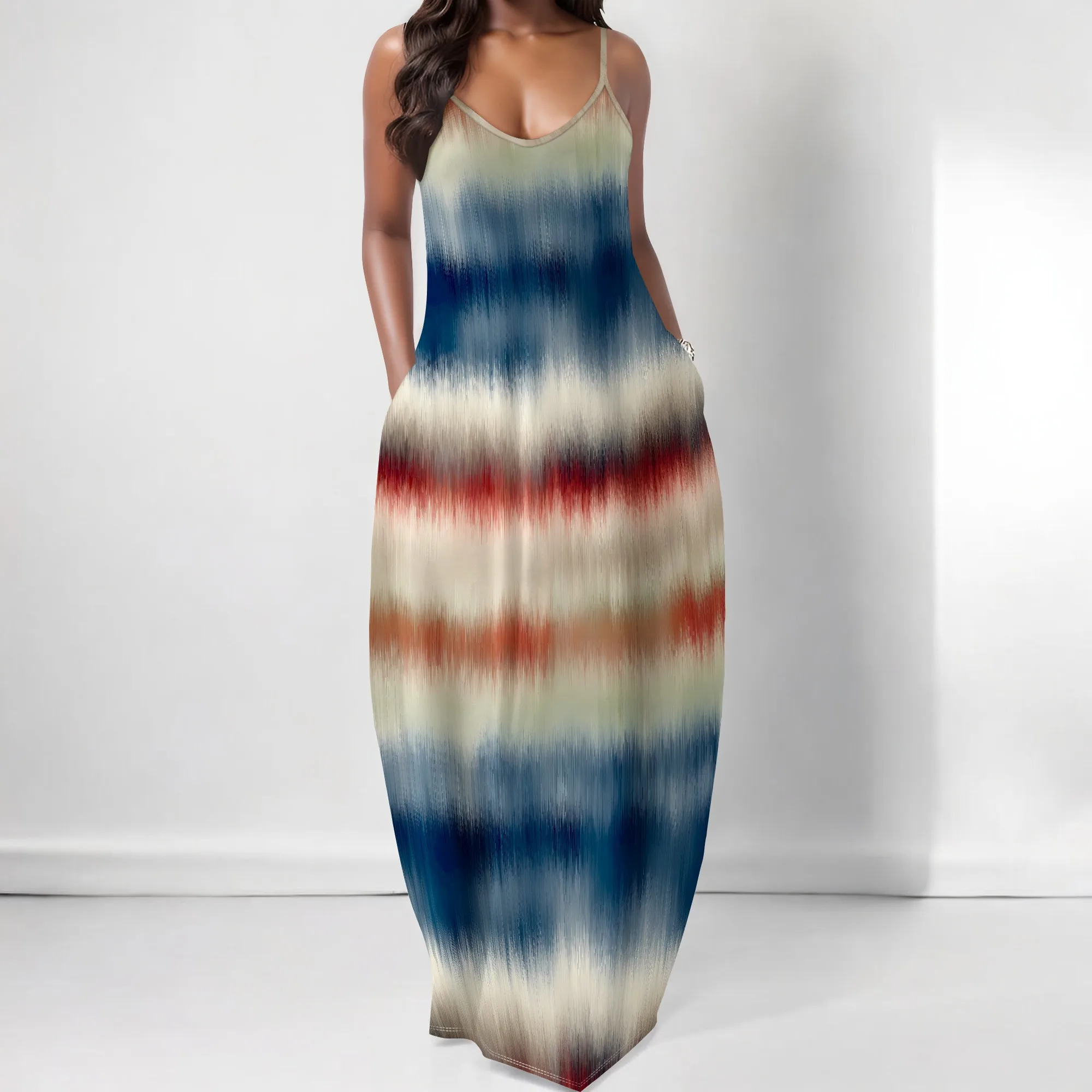 

EQQZD Sleeveless Round Neck Spaghetti Strap Dress with Pockets, Stylish Casual Maxi Dress with Colorful Tie-Dye Print