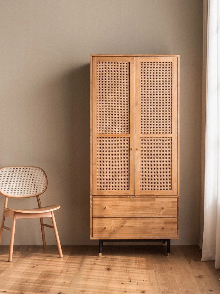 

Nordic B&B bedroom solid wood rattan wardrobe household locker log double door hanging wardrobe