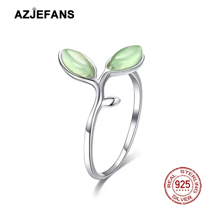 

AZJEFANS 925 Sterling Silver Green Cat's Eye Stone Leaves Ring Adjustable Rings Fine Jewelry