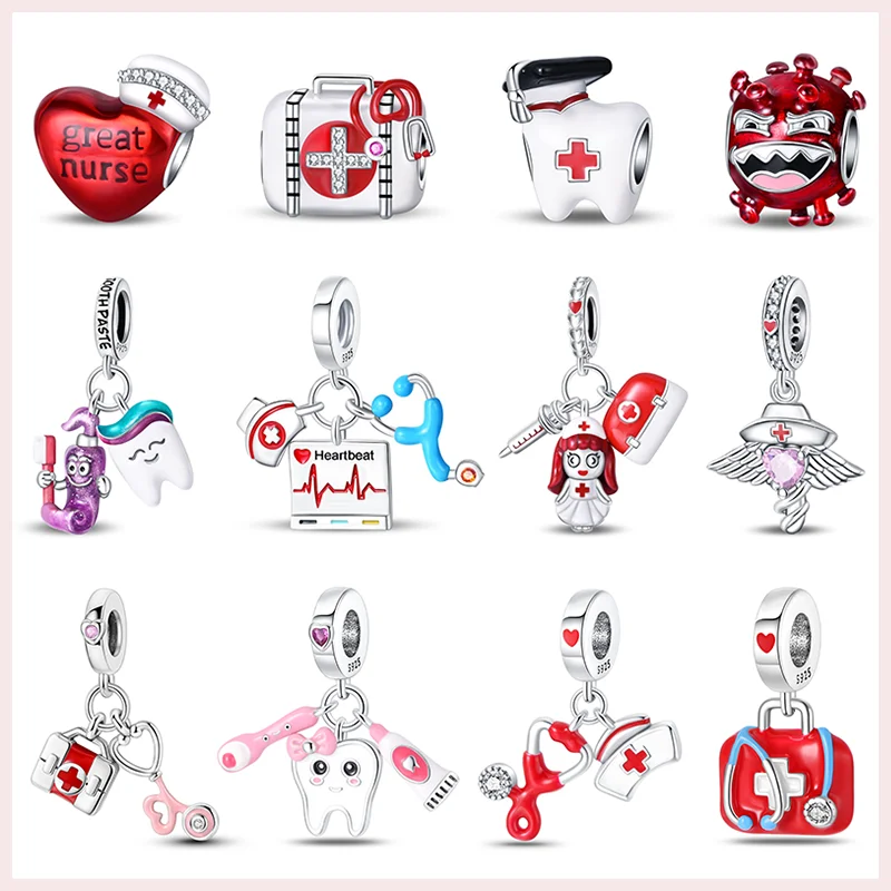 925 Sterling Silver Fashion Medicine Cabinet Stethoscope Red Heart Charms Beads For Brand Original Bracelet DIY Jewelry Gift