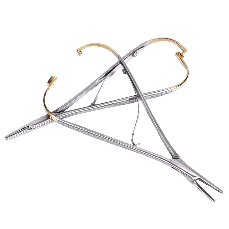 2Pcs Stainless Steel Mathieu Needle Holder with Serration Tip Gold Plated Handle Extra Fine Beak Hemostatic Pliers Forceps