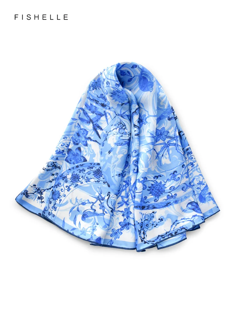 Blue flowers birds 100% natural silk scarf square head scarves twill luxury gift women wrap bandana hijab shawl lady neckerchief