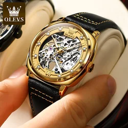 OLEVS 6651 Orologio meccanico automatico classico per uomo Orologio da polso in pelle di lusso con scheletro cavo Orologio da uomo luminoso impermeabile