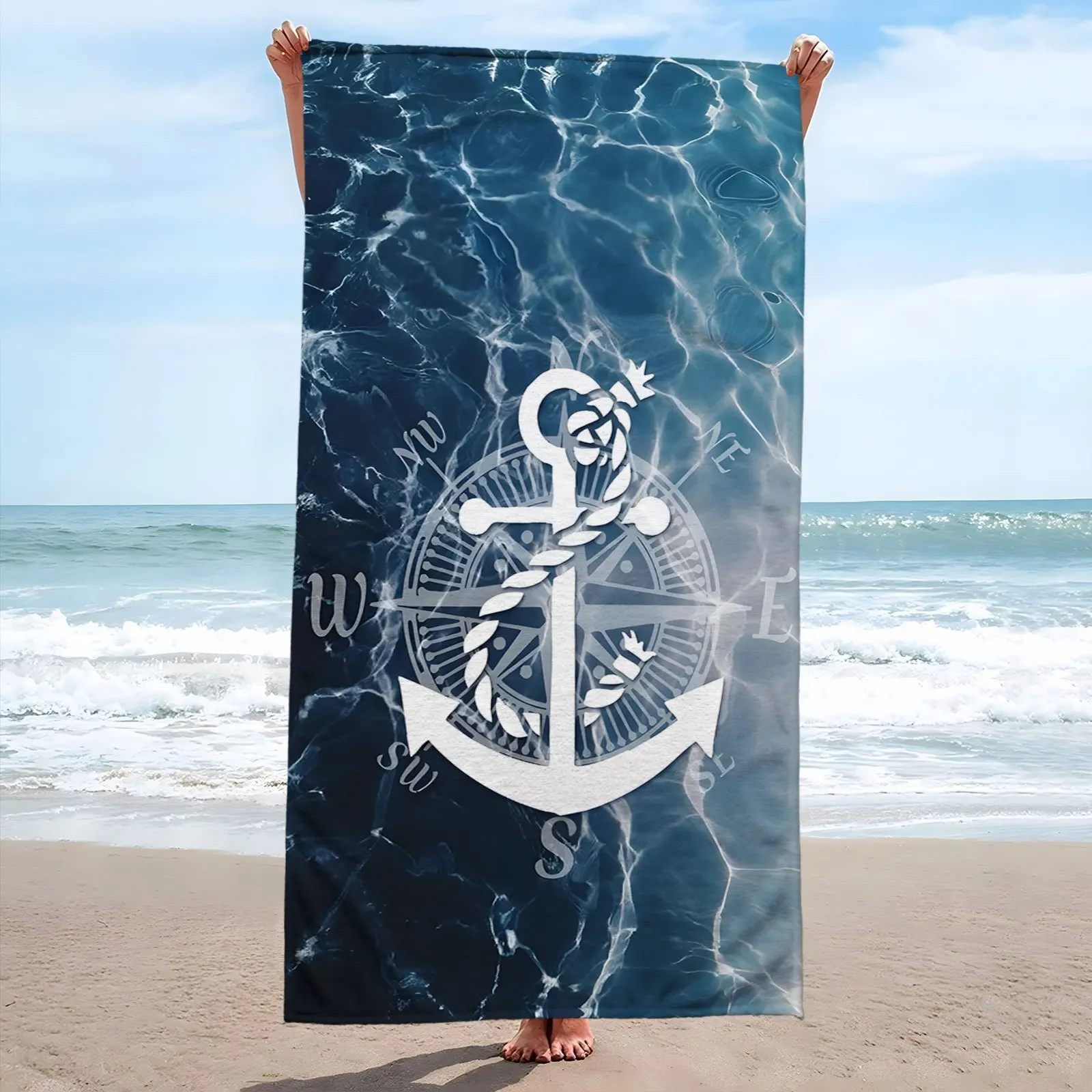 Large Nautical Anchor Pattern Beach Towel - Soft, Absorbent Microfiber, Sun-Protective, Bohemian Style - Ideal for Summer Beach