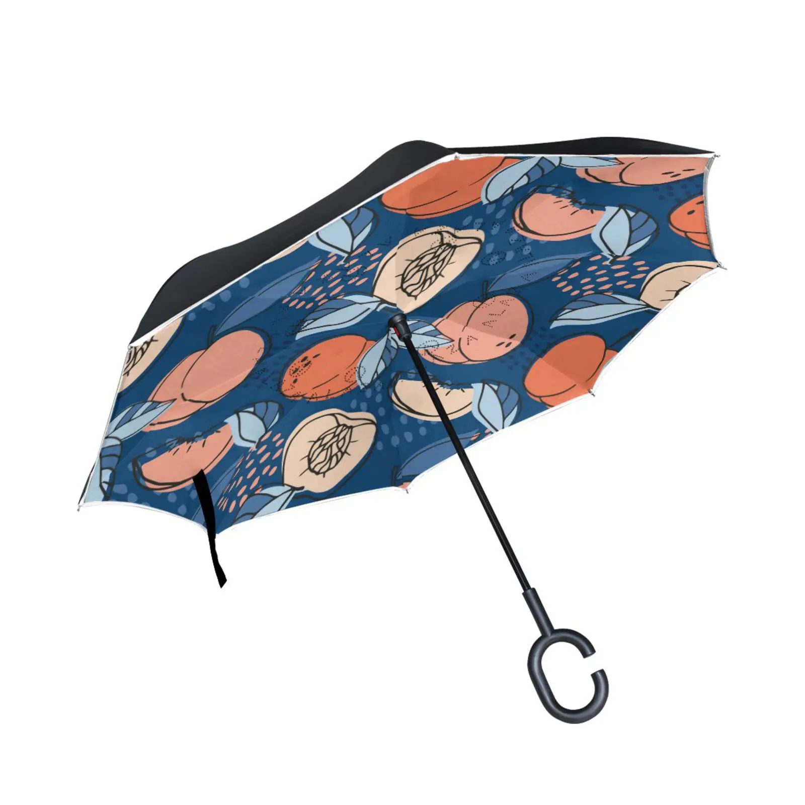 

Pink Peach Fruit Pattern Car Reverse Umbrella Rain Women Long Shank Double Layer Inverted Windproof Umbrella Parasol C-Hook