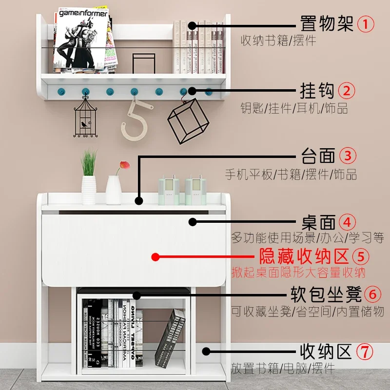 Folding book floor-to-ceiling wall-mounted bookshelf desk writing wall-mounted home study table stool integrated computer