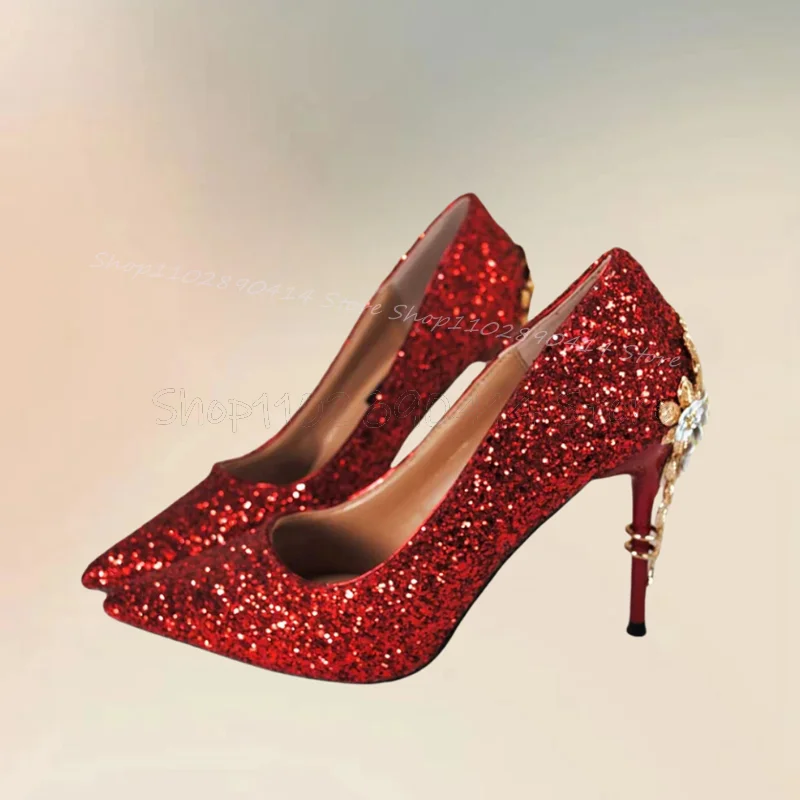 Red Sequins Appliques Decor Pointed Toe Pumps Slip On Women Shoes Thin High Heels Fashion Party Feast 2024 Zapatos Para Mujere