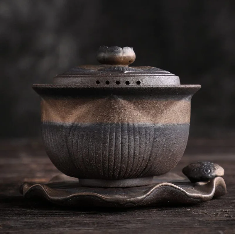 

4.6" Chinese Retro Coarse Pottery Gaiwan Tea Cup Handmade Tureen Tea Bowl TeaSet