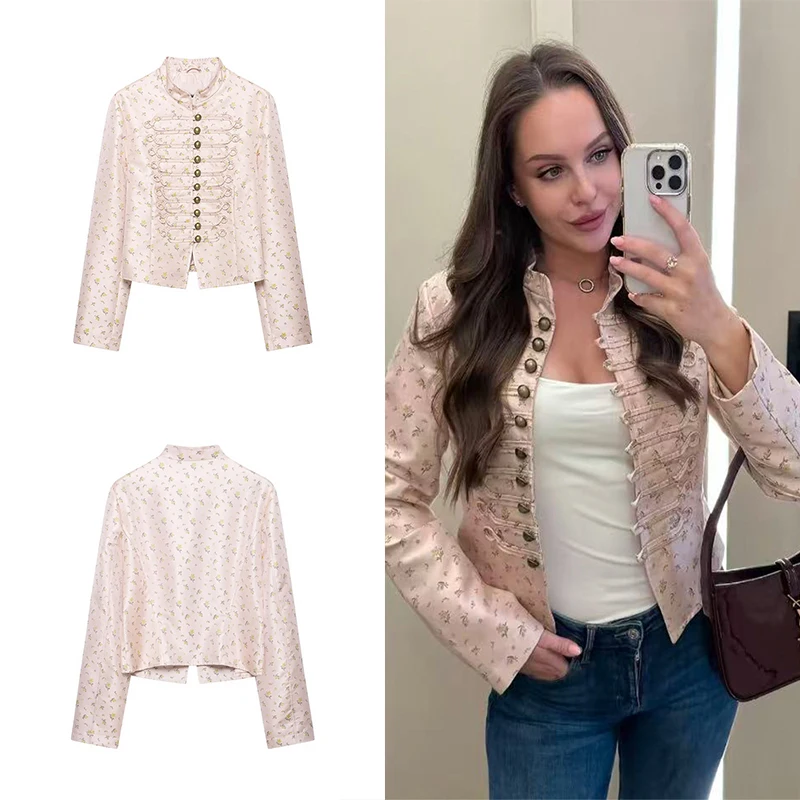 Guobioziy 2026 Autumn Women Elegant Cropped Floral Jacket Stand Collar Metal Decor Buttons Long Sleeve Street Outercoat