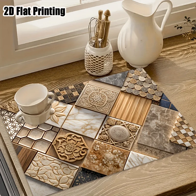 VIKAMA Retro Patch Ceramic Tile Drainage Pad, Absorbent Anti Slip Countertop Pad, Quick Drying Drainage Pad, Home Decoration