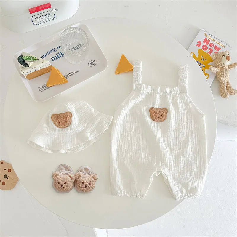 MILANCEL Summer Baby Clothes Bear Sling Romper Hat Two Piece Set Toddler One Piece