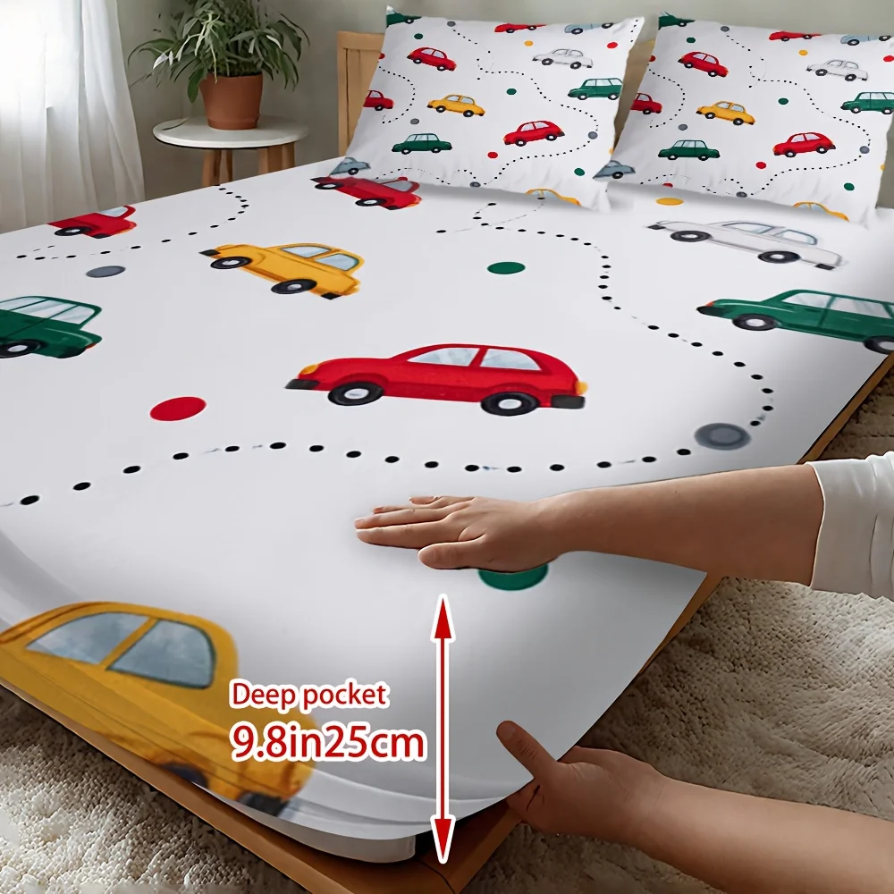 Christmas 2D Digital Print Three-Piece Bedding Set (includes 1 fitted sheet + 2 pillowcases) Mattress Protector, Fitted Sheet Style, Elastic Band, Protective Cover, Mattress Protector, Fitted Sheet Style Bedding, Christmas Theme Bedding, Car Pattern Breathable Fitted Sheet Set, Polyester