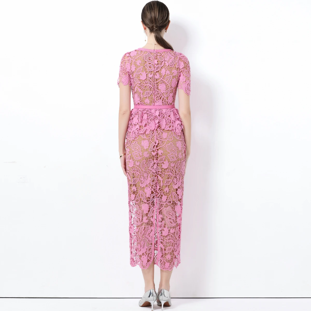 Summer Retro Solid Sexy Dress Women U-Neck Short Sleeve Square Pocket Decoration Dress Lace Cutout Comes with Belt Evening Gown