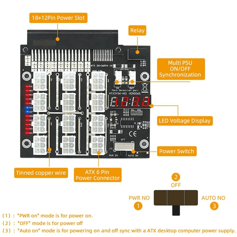 ATX 12 Ports 6Pin Breakout Board Power Supply Converter With Flash LED For Dell PSU Server 750W 1100W 2000W For Mining