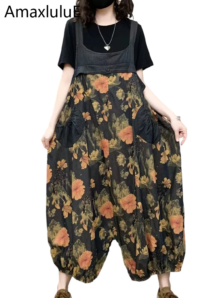 

Amax LuluE 2025 Autumn Womens Classic Oversized Printed Overalls Ladies Leisure Loose Jeans Floral Denim Pants Vintage Trousers