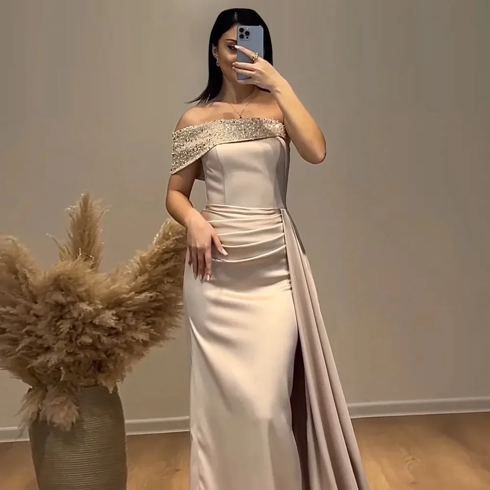 Elegant Rose Gold Mermaid Satin Evening Dress Women One Shoulder Beads Sequin Long Prom Pagenat Party Gowns Vestidos De Longo