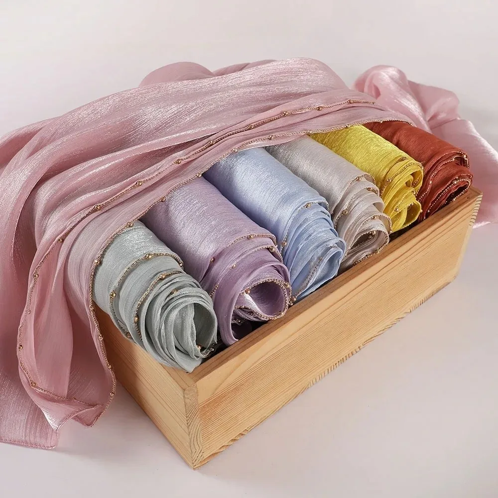 High Qulaity Solid Color Silk Scarf Shining Unilateral golden chain Chiffon Hijab Veil Long Chiffon Sunscreen shawl Outdoor view 4