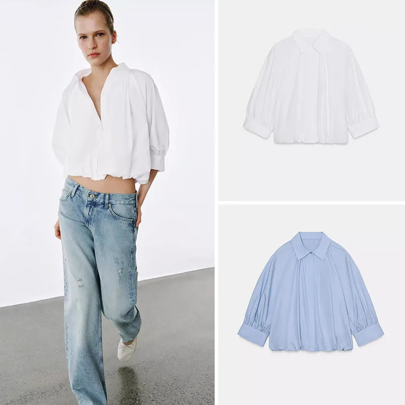 

Весенняя новинка: Повседневная плиссированная блузка с рукавами-фонариками, женская модная модель с отложным воротником и складным подолом, элегантный сценический костюм