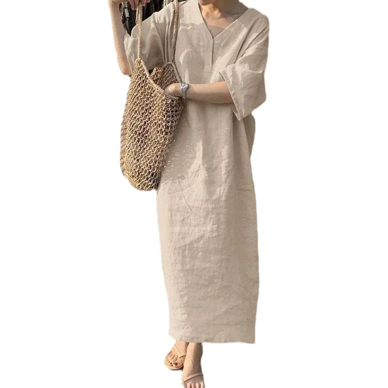 

Женское свободное платье с V-образным вырезом, повседневное однотонное длинное пляжное платье с коротким рукавом, лето 2024