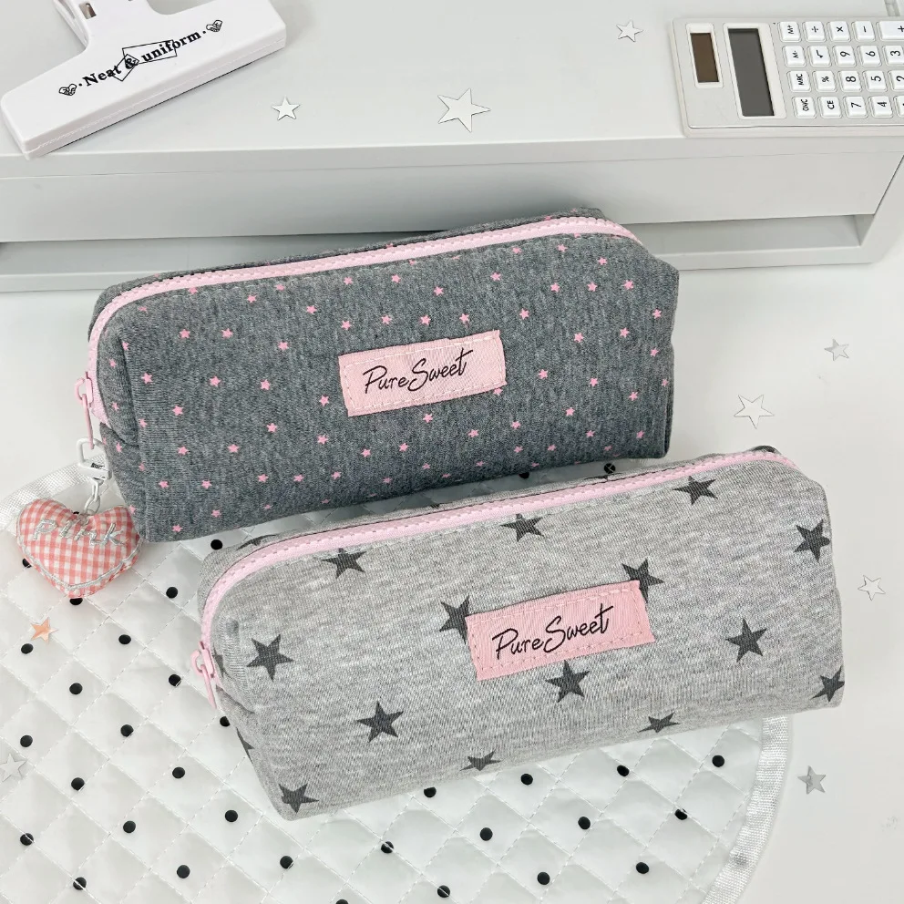 Pink Star Pencil Case, Cute Portable Large Capacity Stationery Bag Multifunctional Cosmetic Storage Pouch For Students