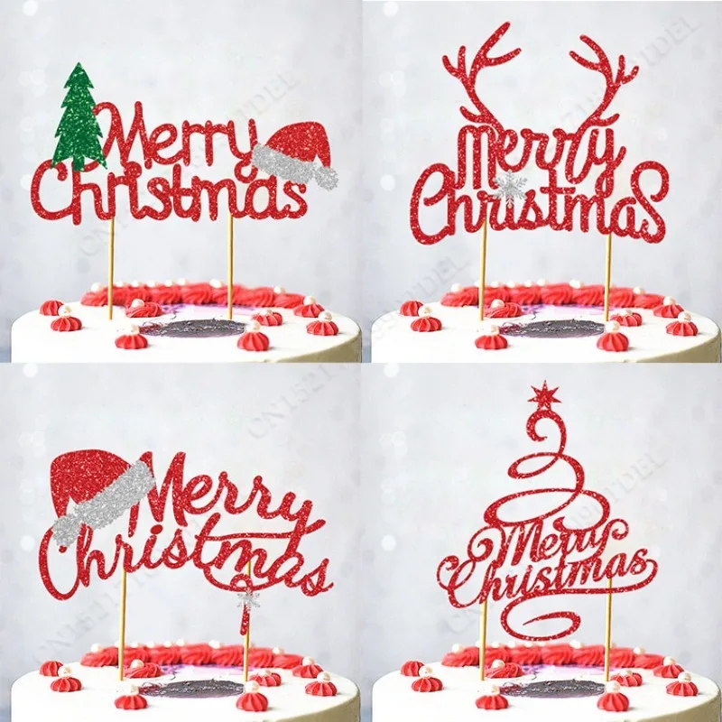 

Merry Christmas With Hat Cake Topper Flags Antlers Tree Cupcake Toppers Party Decoration Happy New Year Baking Supplies DIY Xmas