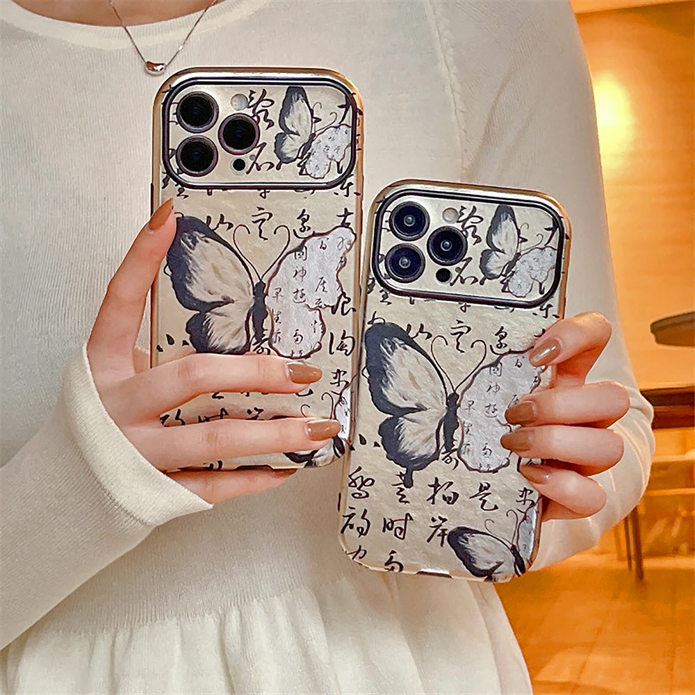 New Chinese Style Calligraphy Butterfly Large Window Veneering Phone Case For iPhone 15 14 13 12 Pro Plus Max Protective Cover